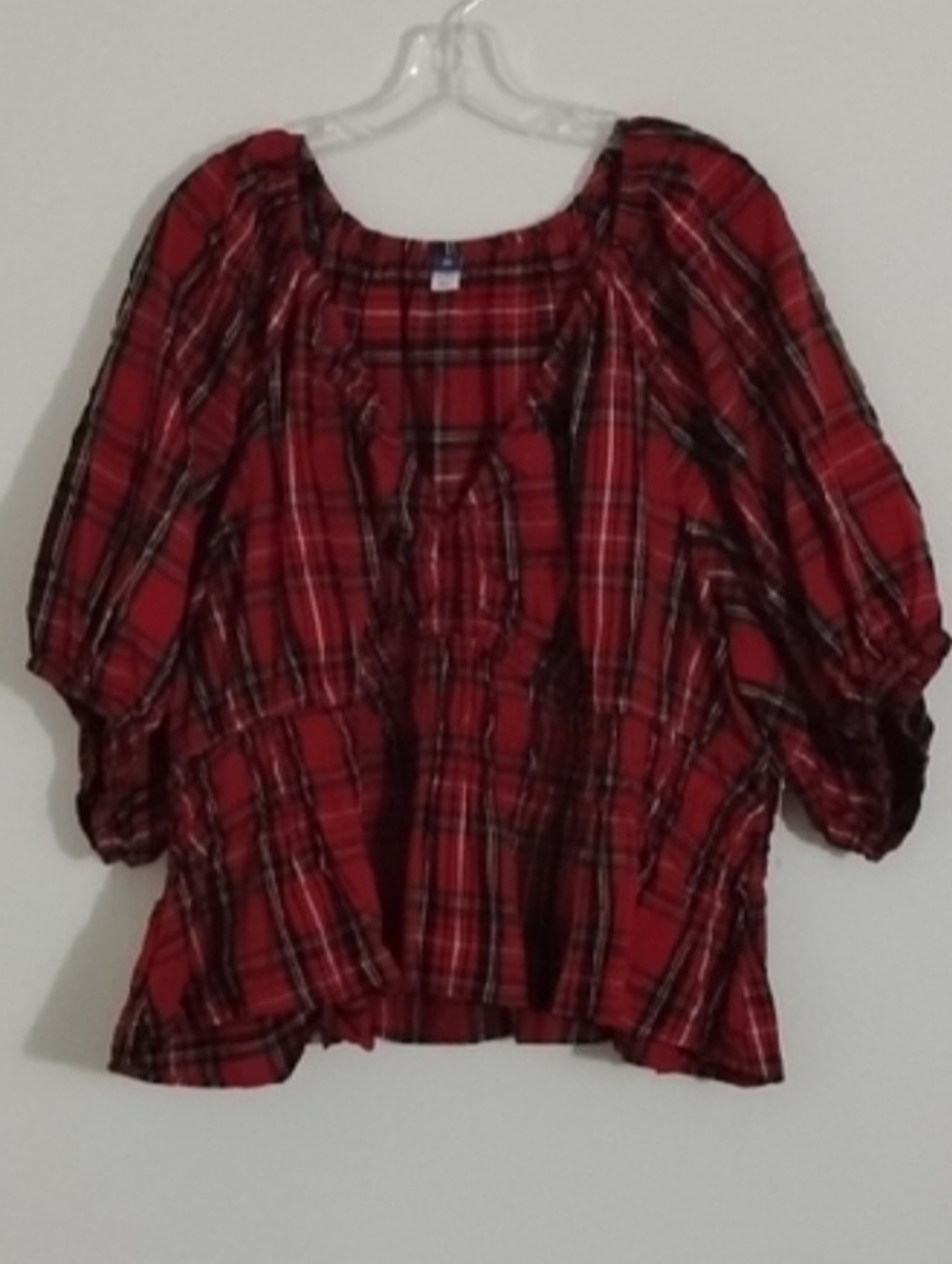 Old Navy Red V Neck Plaid‎ Preppy Coquette Feminine Casual Peasant Style Top